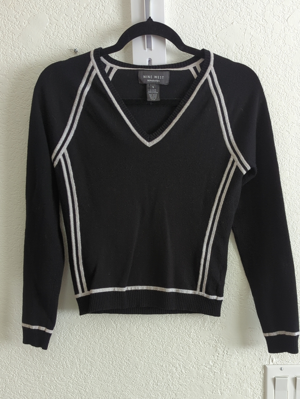 Nine West Black V-Neck Sweater with Light Gray Piping